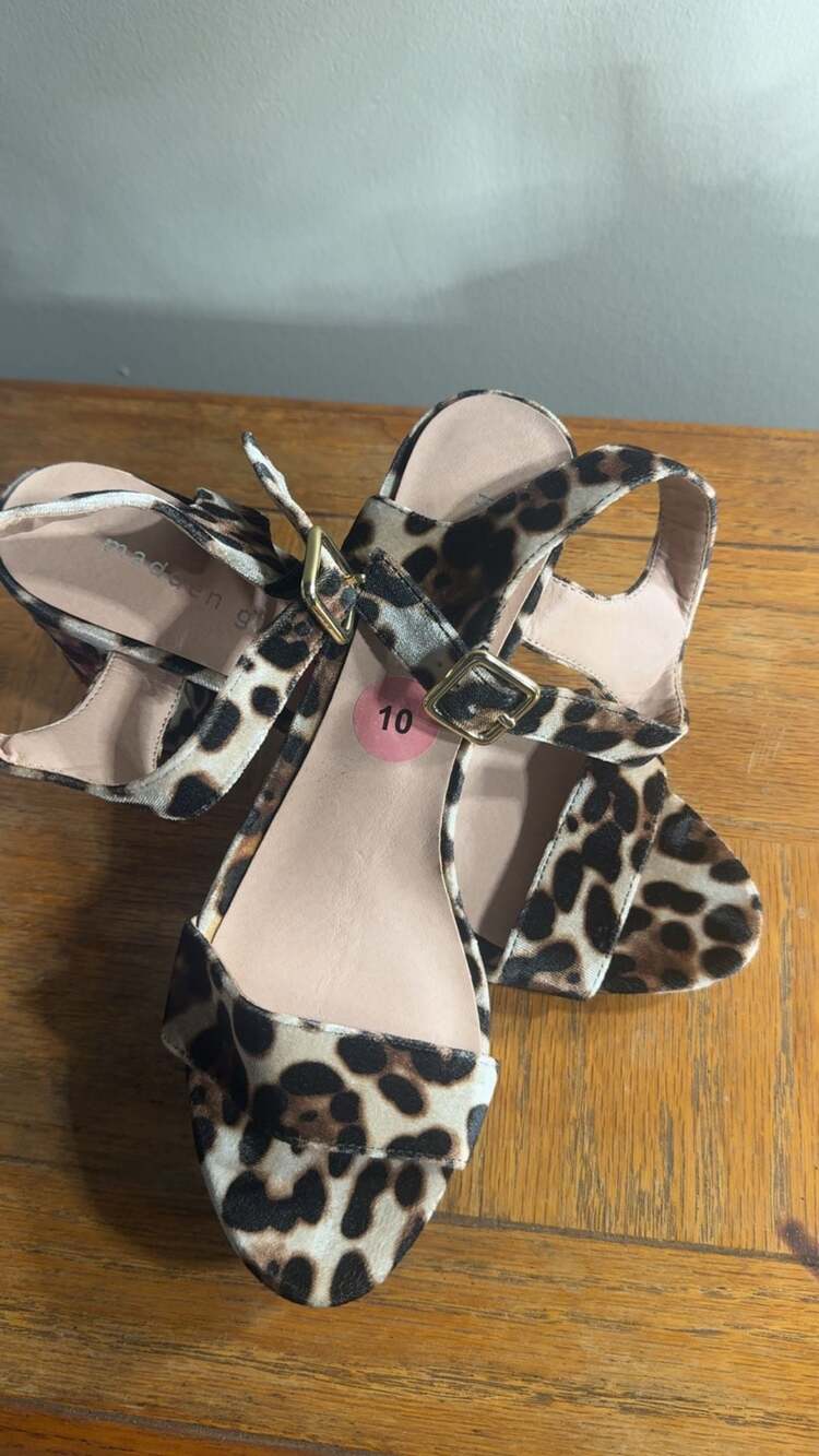 Madden Girl Leopard Print Open Toe Block Heel Sandals with Floral Embroidery